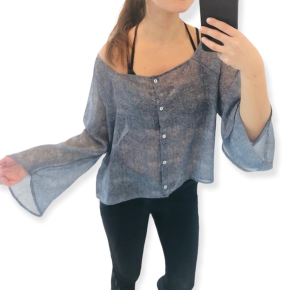 Free People Tops - Free People Blue Sheer Bell Sleeve Button Down